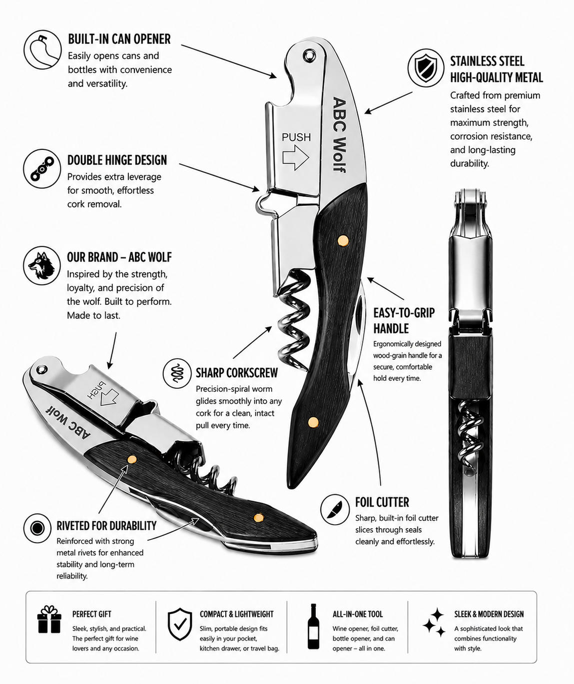 ABC Wolf Professional Double Hinge Wine Key – Stainless Steel Corkscrew Designed by a Sommelier, Riveted Build, Sharp Foil Cutter (Wood Black)