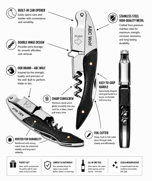 ABC Wolf Professional Double Hinge Wine Key – Stainless Steel Corkscrew Designed by a Sommelier, Riveted Build, Sharp Foil Cutter (Wood Black)
