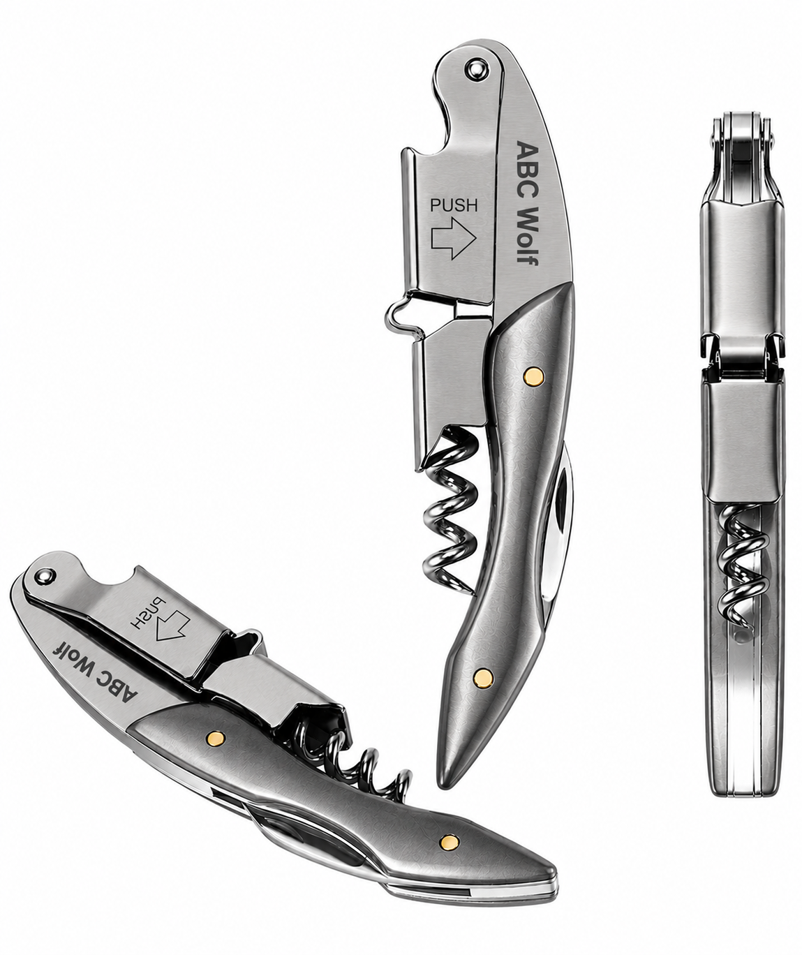 ABC Wolf Professional Double Hinge Wine Key – Stainless Steel Corkscrew Designed by a Sommelier, Riveted Build, Sharp Foil Cutter (Metal Silver)