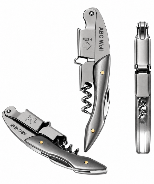 ABC Wolf Professional Double Hinge Wine Key – Stainless Steel Corkscrew Designed by a Sommelier, Riveted Build, Sharp Foil Cutter (Metal Silver)