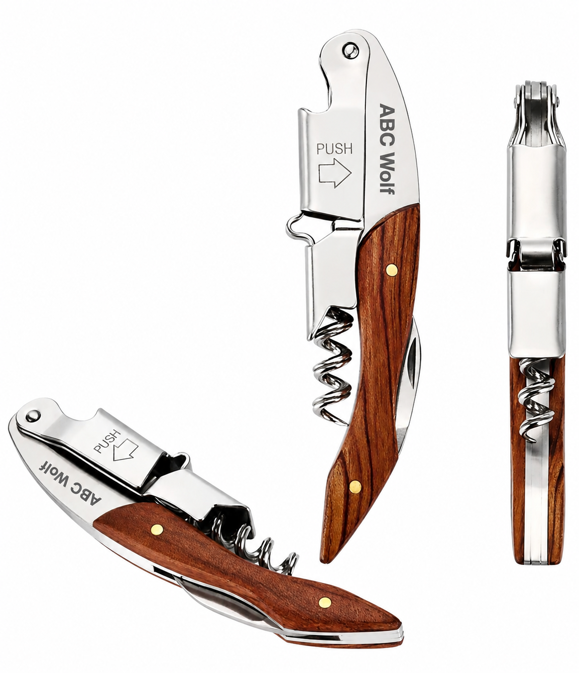 ABC Wolf Professional Double Hinge Wine Key – Stainless Steel Corkscrew Designed by a Sommelier, Riveted Build, Sharp Foil Cutter (Wood Brown)