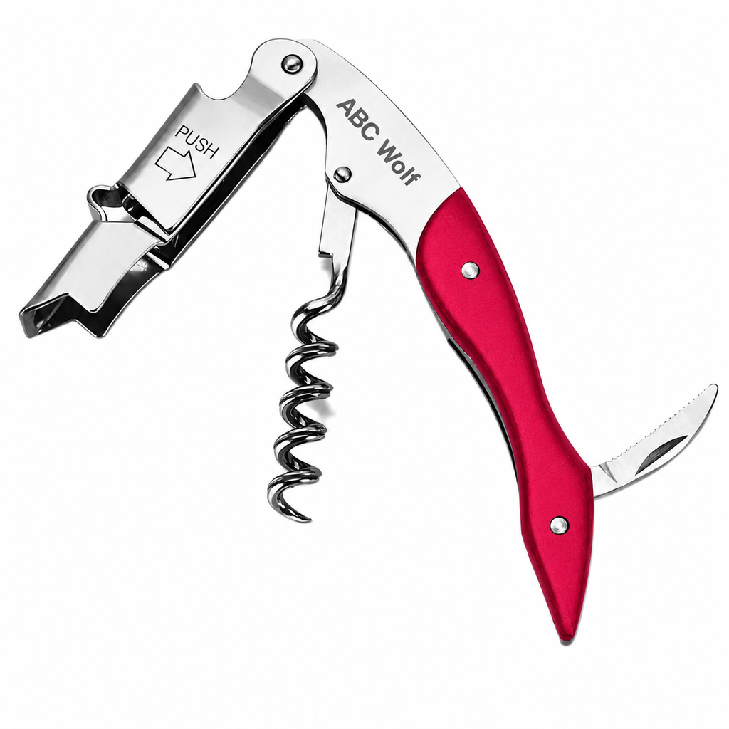 ABC Wolf Professional Double Hinge Wine Key – Stainless Steel Corkscrew Designed by a Sommelier, Riveted Build, Sharp Foil Cutter (Metal Red)