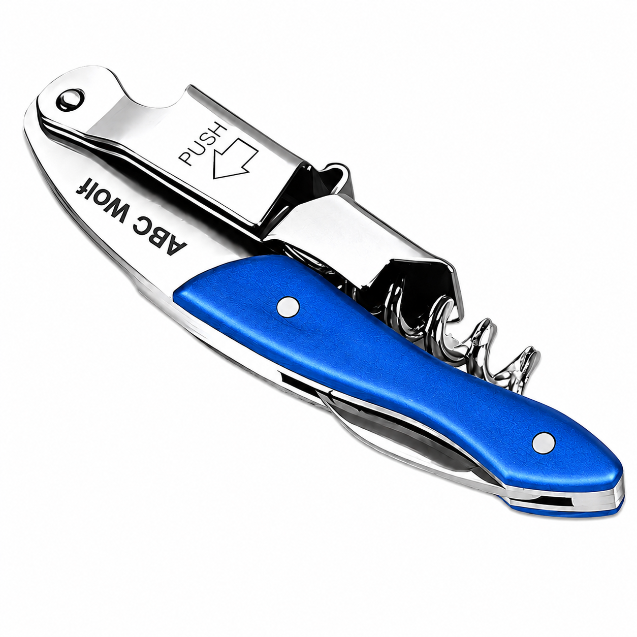 ABC Wolf Professional Double Hinge Wine Key – Stainless Steel Corkscrew Designed by a Sommelier, Riveted Build, Sharp Foil Cutter (Metal Blue)