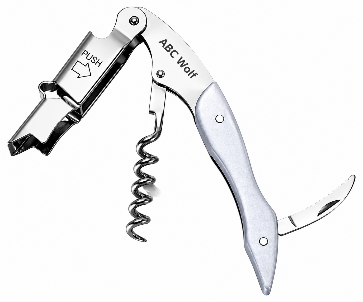 ABC Wolf Professional Double Hinge Wine Key – Stainless Steel Corkscrew Designed by a Sommelier, Riveted Build, Sharp Foil Cutter (Metal Silver)