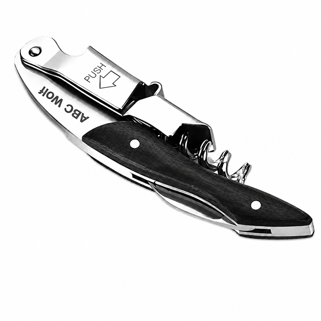 ABC Wolf Professional Double Hinge Wine Key – Stainless Steel Corkscrew Designed by a Sommelier, Riveted Build, Sharp Foil Cutter (Wood Black)