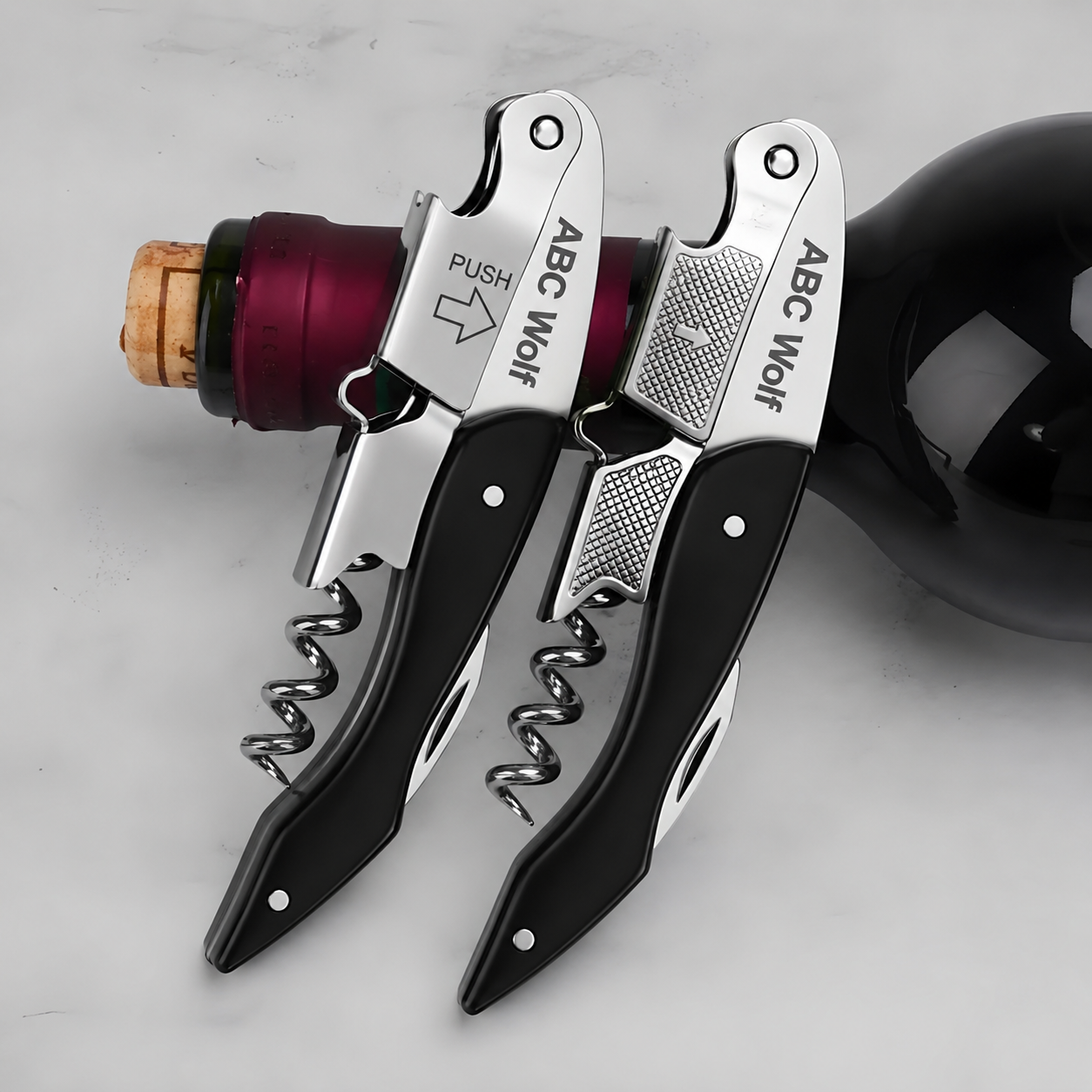 ABC Wolf Professional Double Hinge Wine Key – Stainless Steel Corkscrew Designed by a Sommelier, Riveted Build, Sharp Foil Cutter (Metal Black)