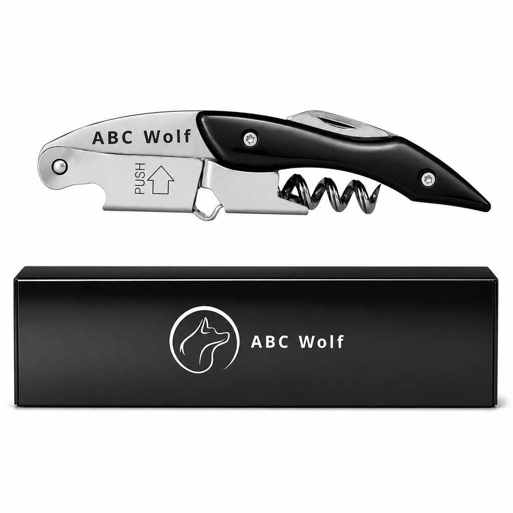 ABC Wolf Professional Double Hinge Wine Key – Stainless Steel Corkscrew Designed by a Sommelier, Riveted Build, Sharp Foil Cutter (Metal Black)