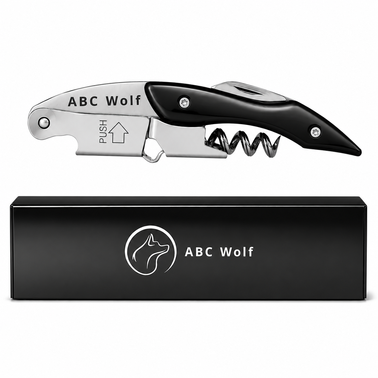 ABC Wolf Professional Double Hinge Wine Key – Stainless Steel Corkscrew Designed by a Sommelier, Riveted Build, Sharp Foil Cutter (Metal Black)