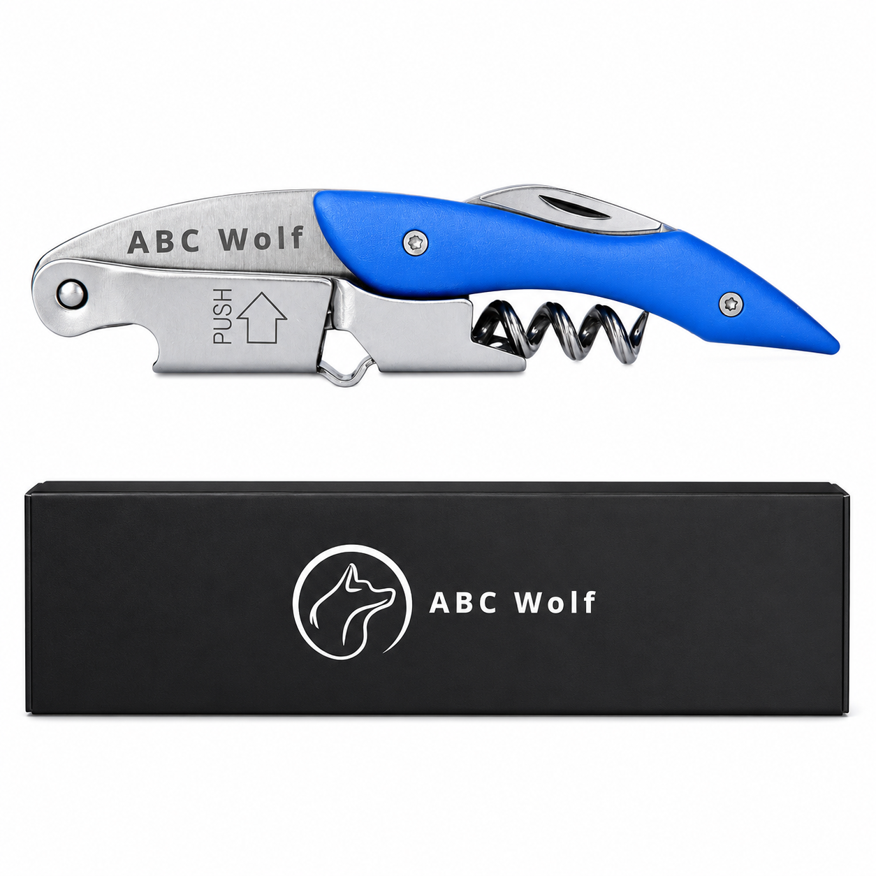 ABC Wolf Professional Double Hinge Wine Key – Stainless Steel Corkscrew Designed by a Sommelier, Riveted Build, Sharp Foil Cutter (Metal Blue)