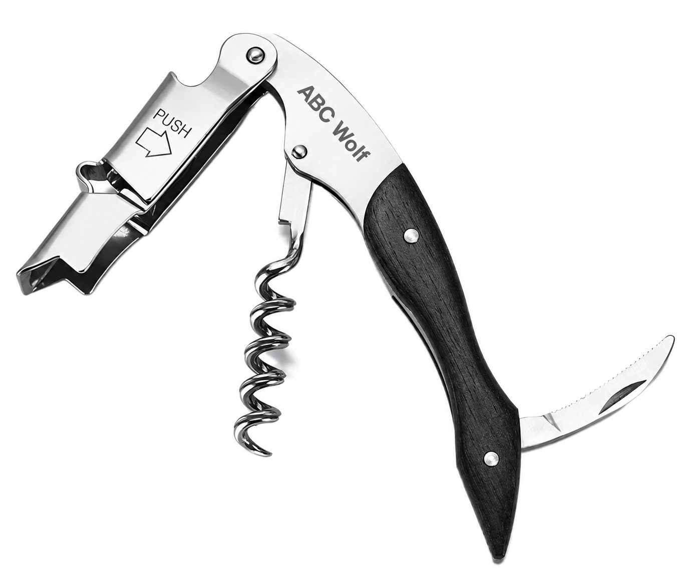 ABC Wolf Professional Double Hinge Wine Key – Stainless Steel Corkscrew Designed by a Sommelier, Riveted Build, Sharp Foil Cutter (Wood Black)
