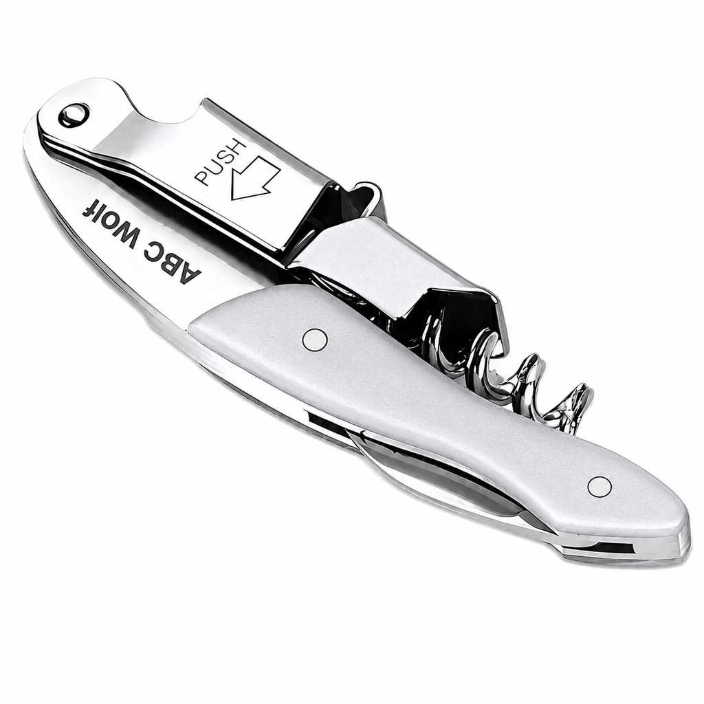 ABC Wolf Professional Double Hinge Wine Key – Stainless Steel Corkscrew Designed by a Sommelier, Riveted Build, Sharp Foil Cutter (Metal Silver)