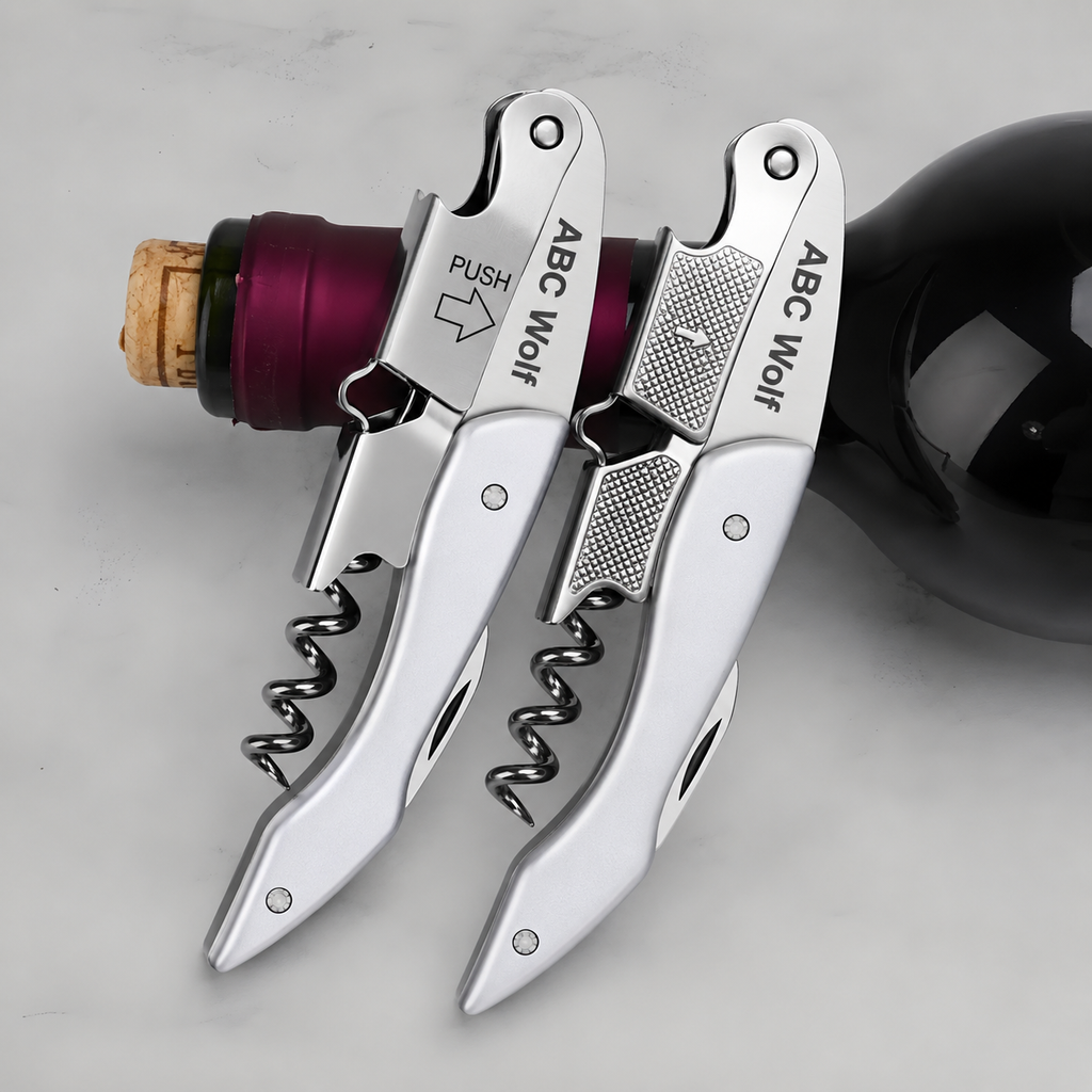 ABC Wolf Professional Double Hinge Wine Key – Stainless Steel Corkscrew Designed by a Sommelier, Riveted Build, Sharp Foil Cutter (Metal Silver)