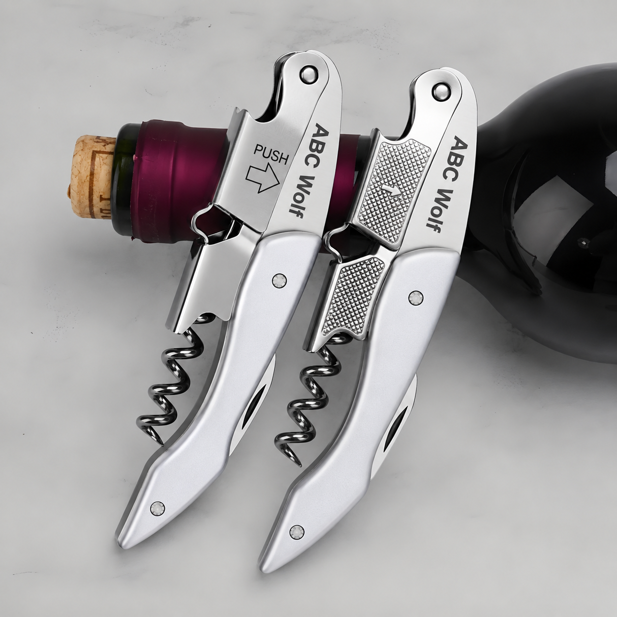 ABC Wolf Professional Double Hinge Wine Key – Stainless Steel Corkscrew Designed by a Sommelier, Riveted Build, Sharp Foil Cutter (Metal Silver)