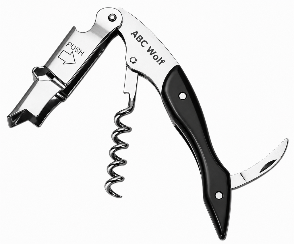 ABC Wolf Professional Double Hinge Wine Key – Stainless Steel Corkscrew Designed by a Sommelier, Riveted Build, Sharp Foil Cutter (Metal Black)