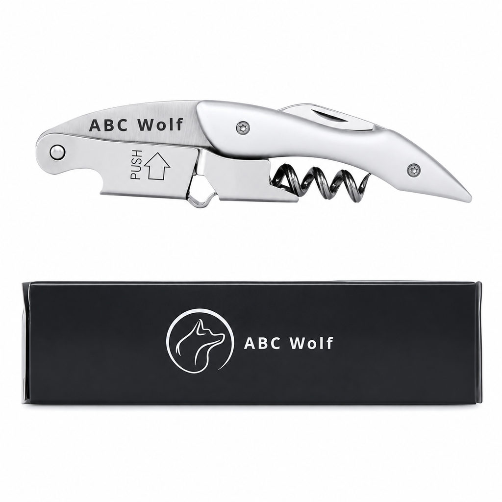 ABC Wolf Professional Double Hinge Wine Key – Stainless Steel Corkscrew Designed by a Sommelier, Riveted Build, Sharp Foil Cutter (Metal Silver)