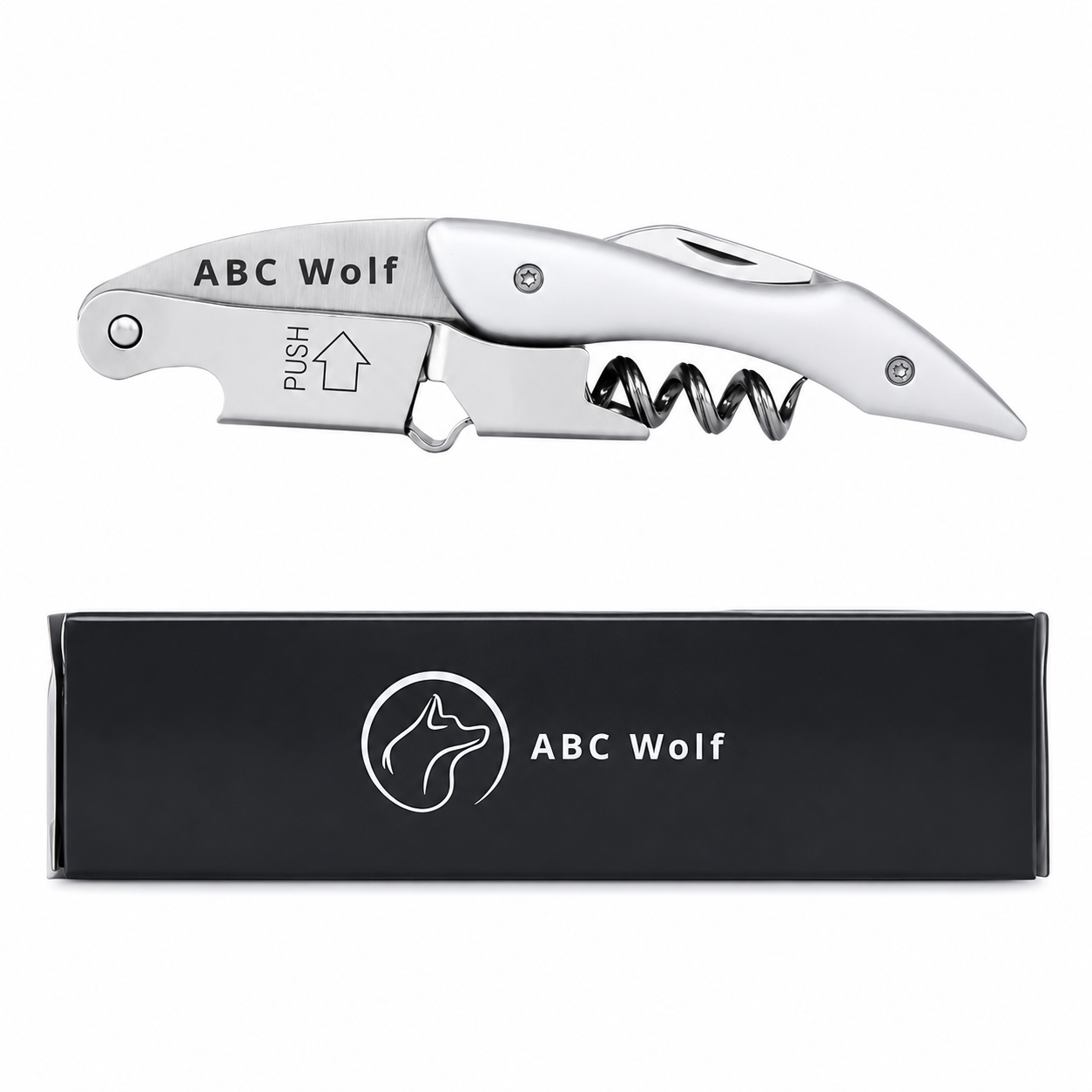 ABC Wolf Professional Double Hinge Wine Key – Stainless Steel Corkscrew Designed by a Sommelier, Riveted Build, Sharp Foil Cutter (Metal Silver)