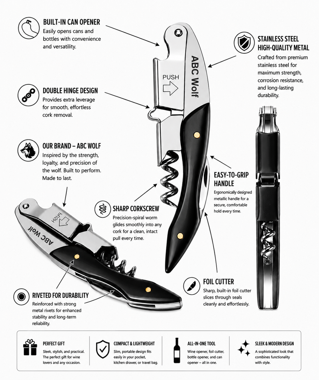 ABC Wolf Professional Double Hinge Wine Key – Stainless Steel Corkscrew Designed by a Sommelier, Riveted Build, Sharp Foil Cutter (Metal Black)