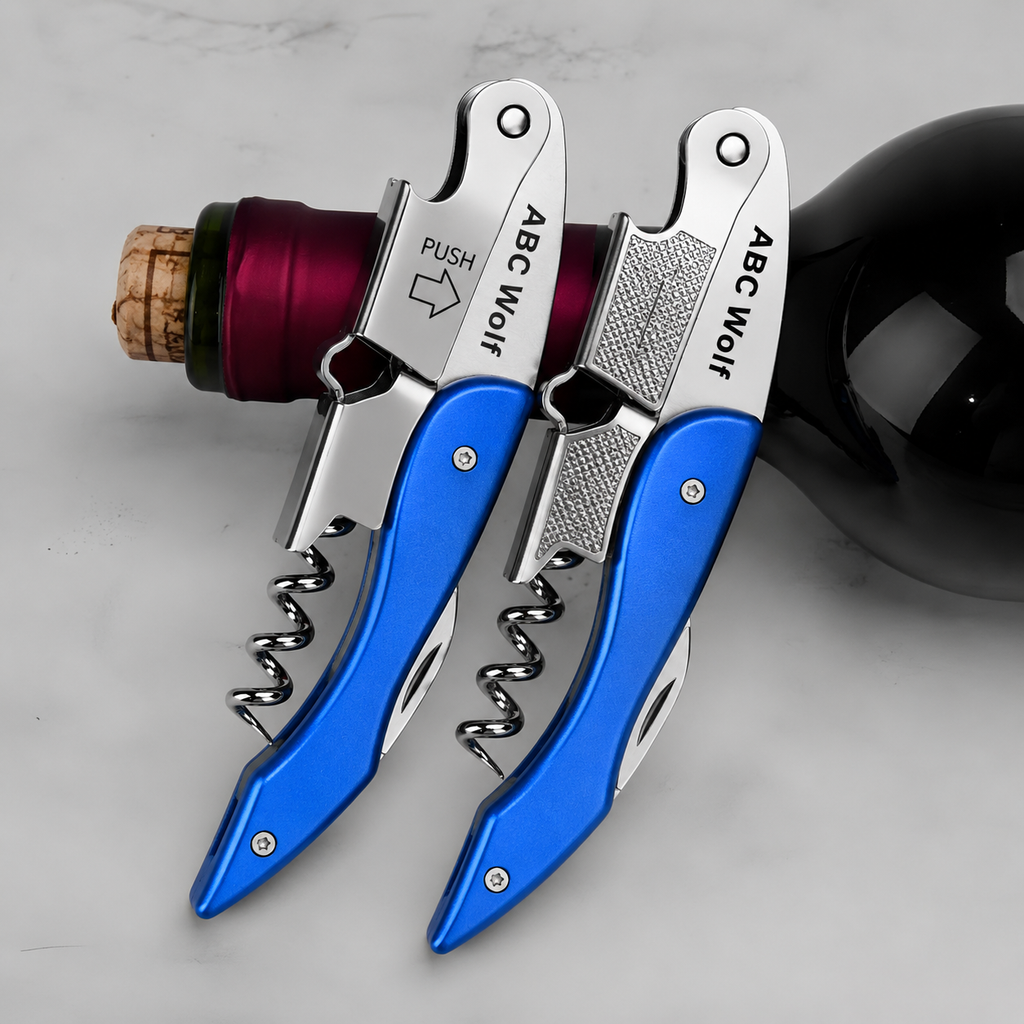 ABC Wolf Professional Double Hinge Wine Key – Stainless Steel Corkscrew Designed by a Sommelier, Riveted Build, Sharp Foil Cutter (Metal Blue)