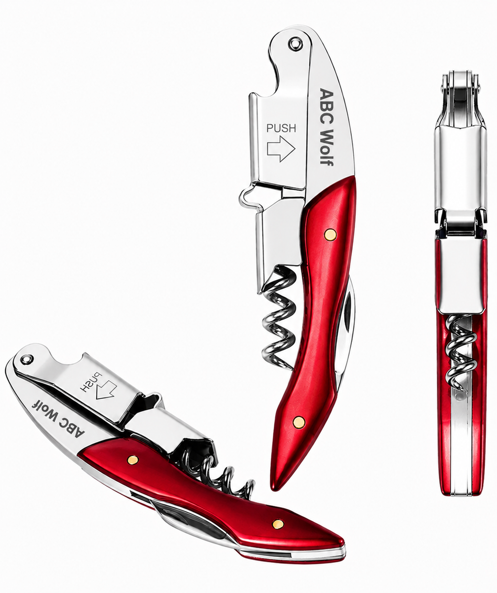 ABC Wolf Professional Double Hinge Wine Key – Stainless Steel Corkscrew Designed by a Sommelier, Riveted Build, Sharp Foil Cutter (Metal Red)