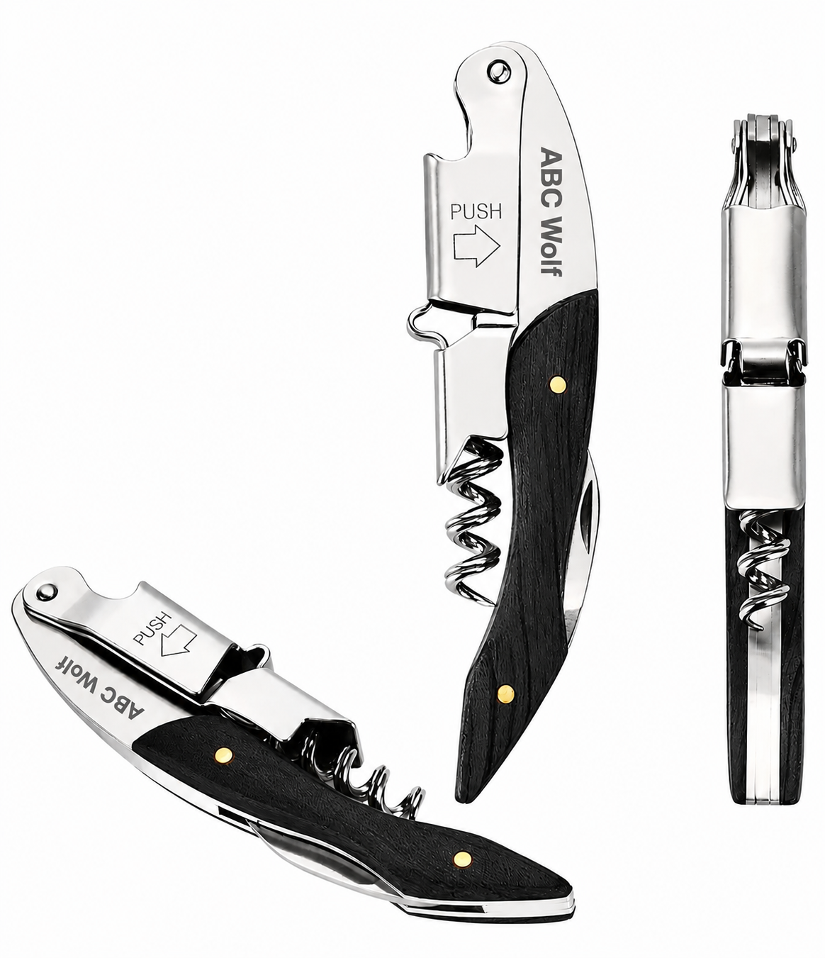 ABC Wolf Professional Double Hinge Wine Key – Stainless Steel Corkscrew Designed by a Sommelier, Riveted Build, Sharp Foil Cutter (Wood Black)