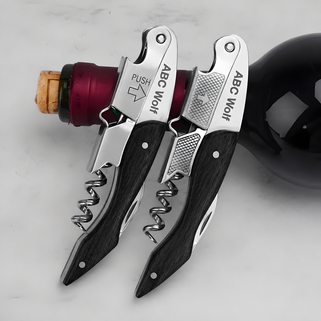 ABC Wolf Professional Double Hinge Wine Key – Stainless Steel Corkscrew Designed by a Sommelier, Riveted Build, Sharp Foil Cutter (Wood Black)