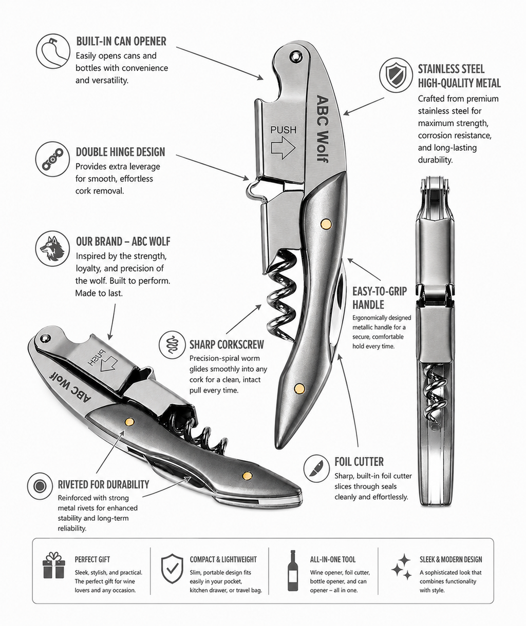 ABC Wolf Professional Double Hinge Wine Key – Stainless Steel Corkscrew Designed by a Sommelier, Riveted Build, Sharp Foil Cutter (Metal Silver)