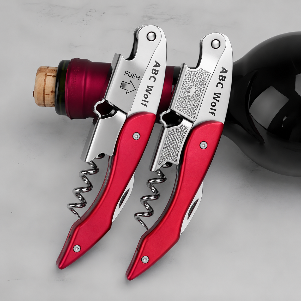 ABC Wolf Professional Double Hinge Wine Key – Stainless Steel Corkscrew Designed by a Sommelier, Riveted Build, Sharp Foil Cutter (Metal Red)