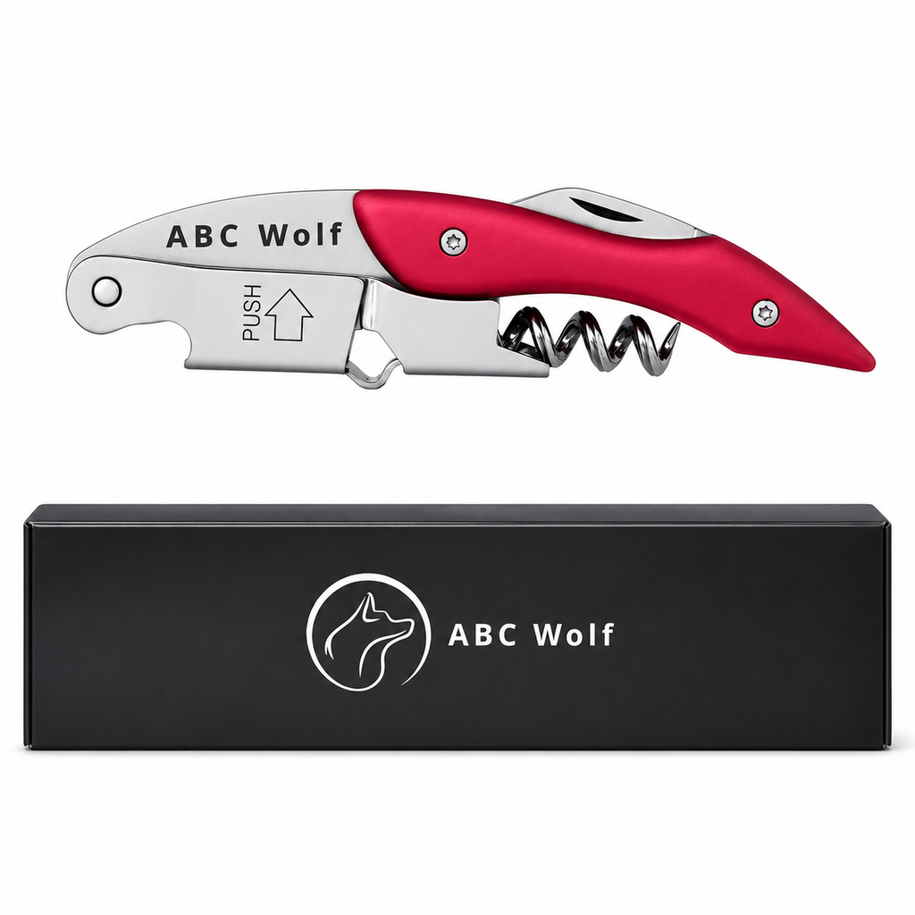 ABC Wolf Professional Double Hinge Wine Key – Stainless Steel Corkscrew Designed by a Sommelier, Riveted Build, Sharp Foil Cutter (Metal Red)