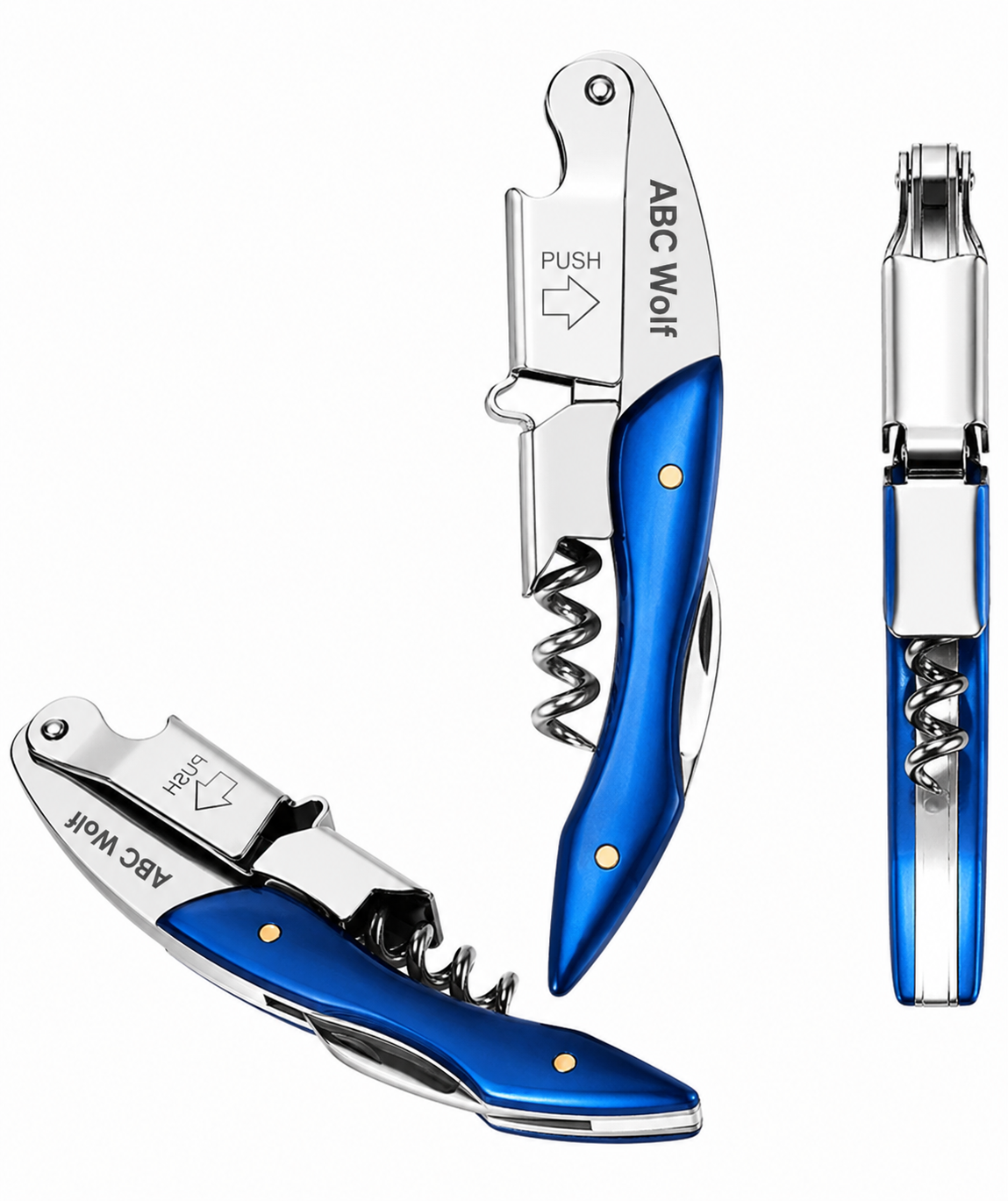 ABC Wolf Professional Double Hinge Wine Key – Stainless Steel Corkscrew Designed by a Sommelier, Riveted Build, Sharp Foil Cutter (Metal Blue)