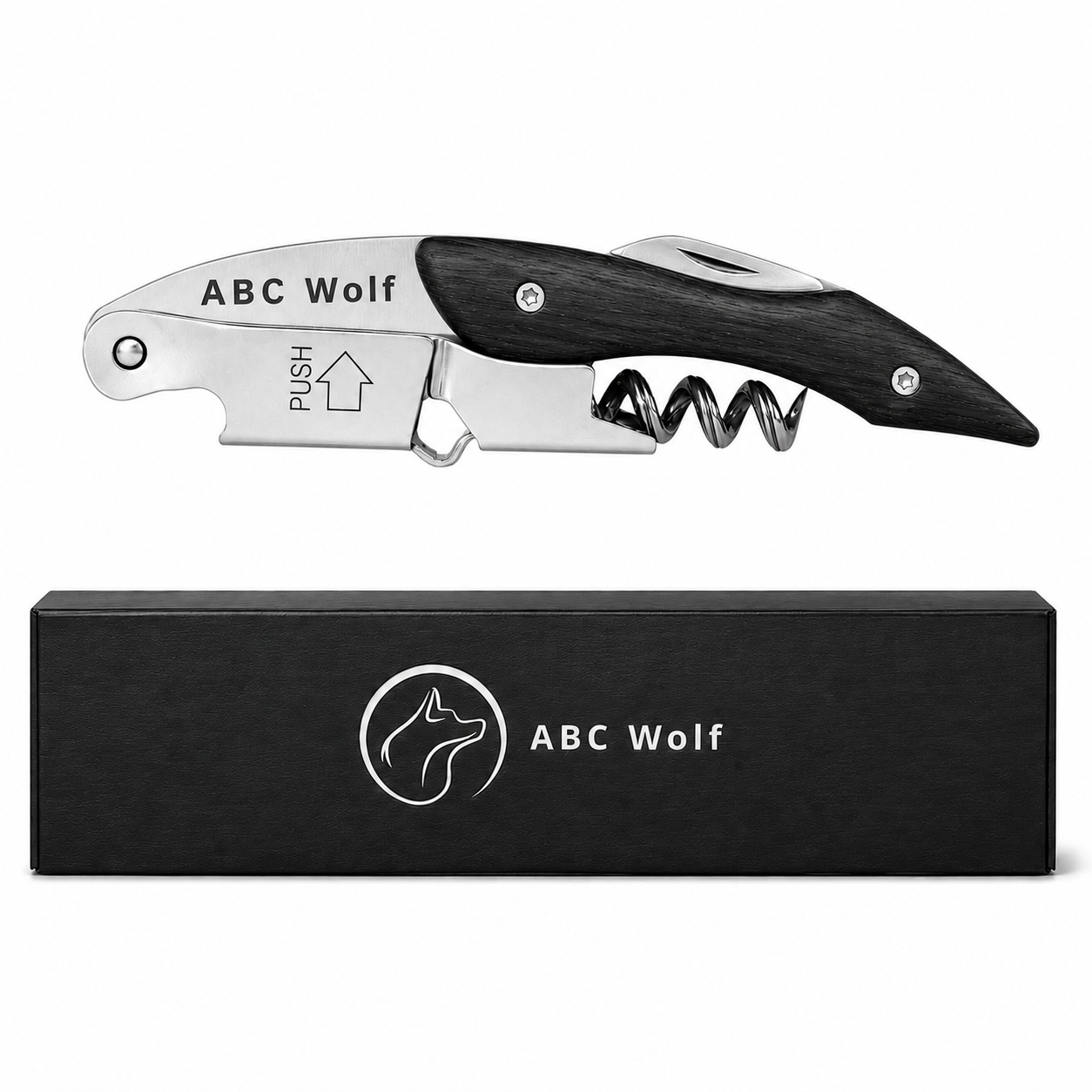 ABC Wolf Professional Double Hinge Wine Key – Stainless Steel Corkscrew Designed by a Sommelier, Riveted Build, Sharp Foil Cutter (Wood Black)