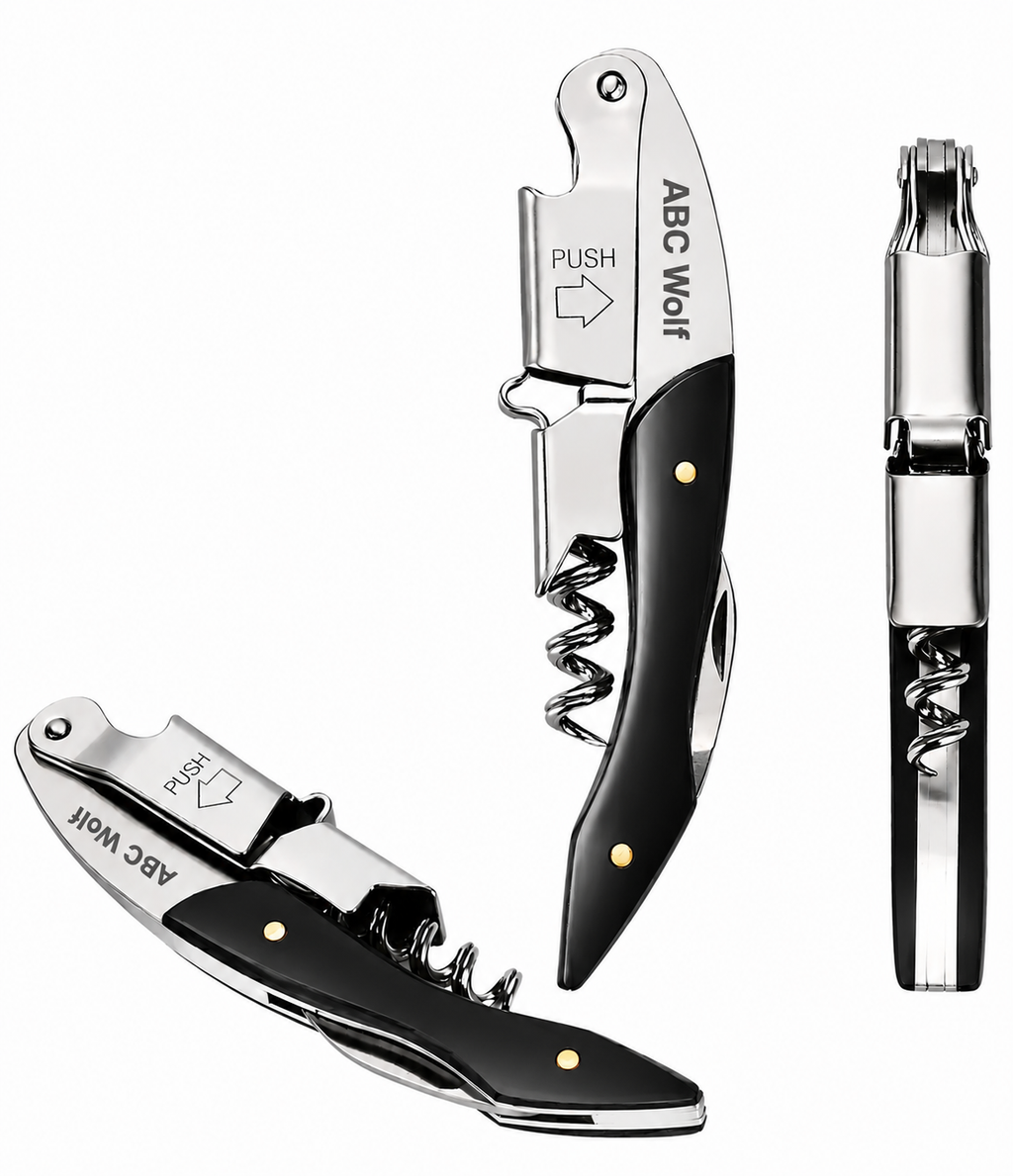 ABC Wolf Professional Double Hinge Wine Key – Stainless Steel Corkscrew Designed by a Sommelier, Riveted Build, Sharp Foil Cutter (Metal Black)