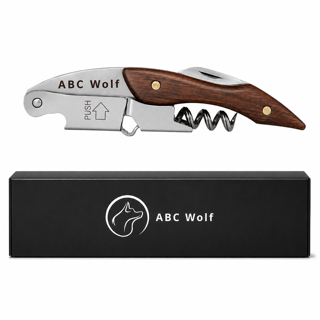 ABC Wolf Professional Double Hinge Wine Key – Stainless Steel Corkscrew Designed by a Sommelier, Riveted Build, Sharp Foil Cutter (Wood Brown)