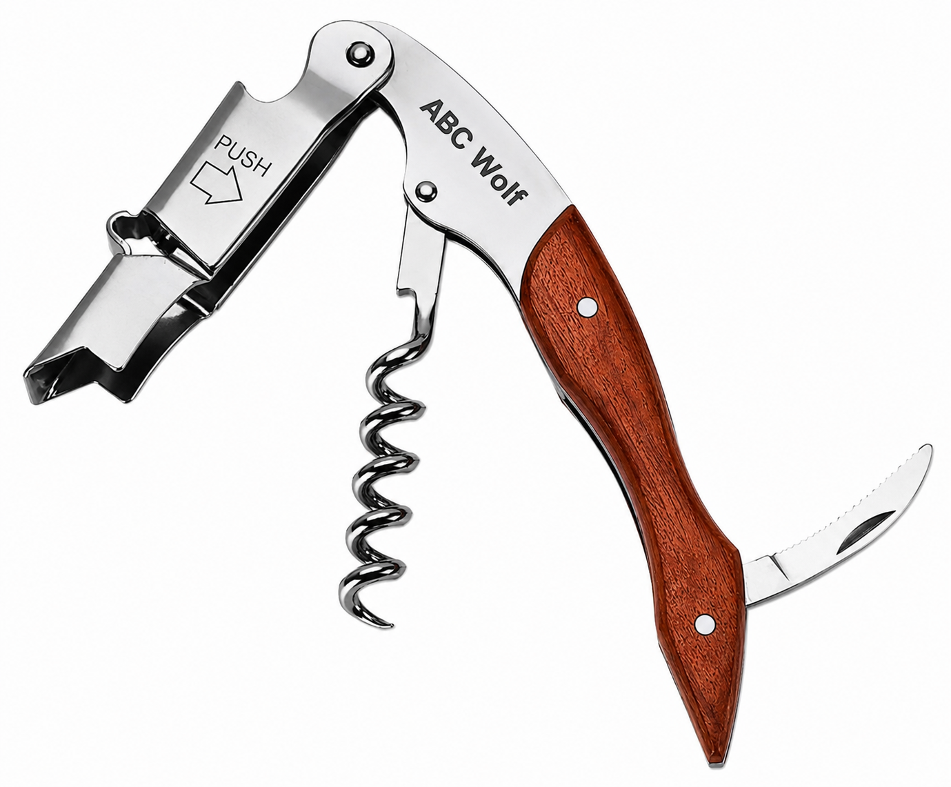 ABC Wolf Professional Double Hinge Wine Key – Stainless Steel Corkscrew Designed by a Sommelier, Riveted Build, Sharp Foil Cutter (Wood Brown)