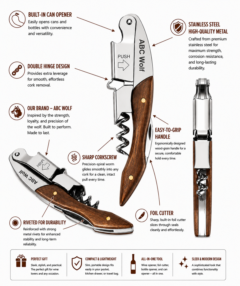 ABC Wolf Professional Double Hinge Wine Key – Stainless Steel Corkscrew Designed by a Sommelier, Riveted Build, Sharp Foil Cutter (Wood Brown)