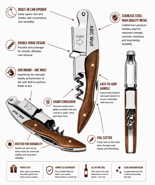 ABC Wolf Professional Double Hinge Wine Key – Stainless Steel Corkscrew Designed by a Sommelier, Riveted Build, Sharp Foil Cutter (Wood Brown)