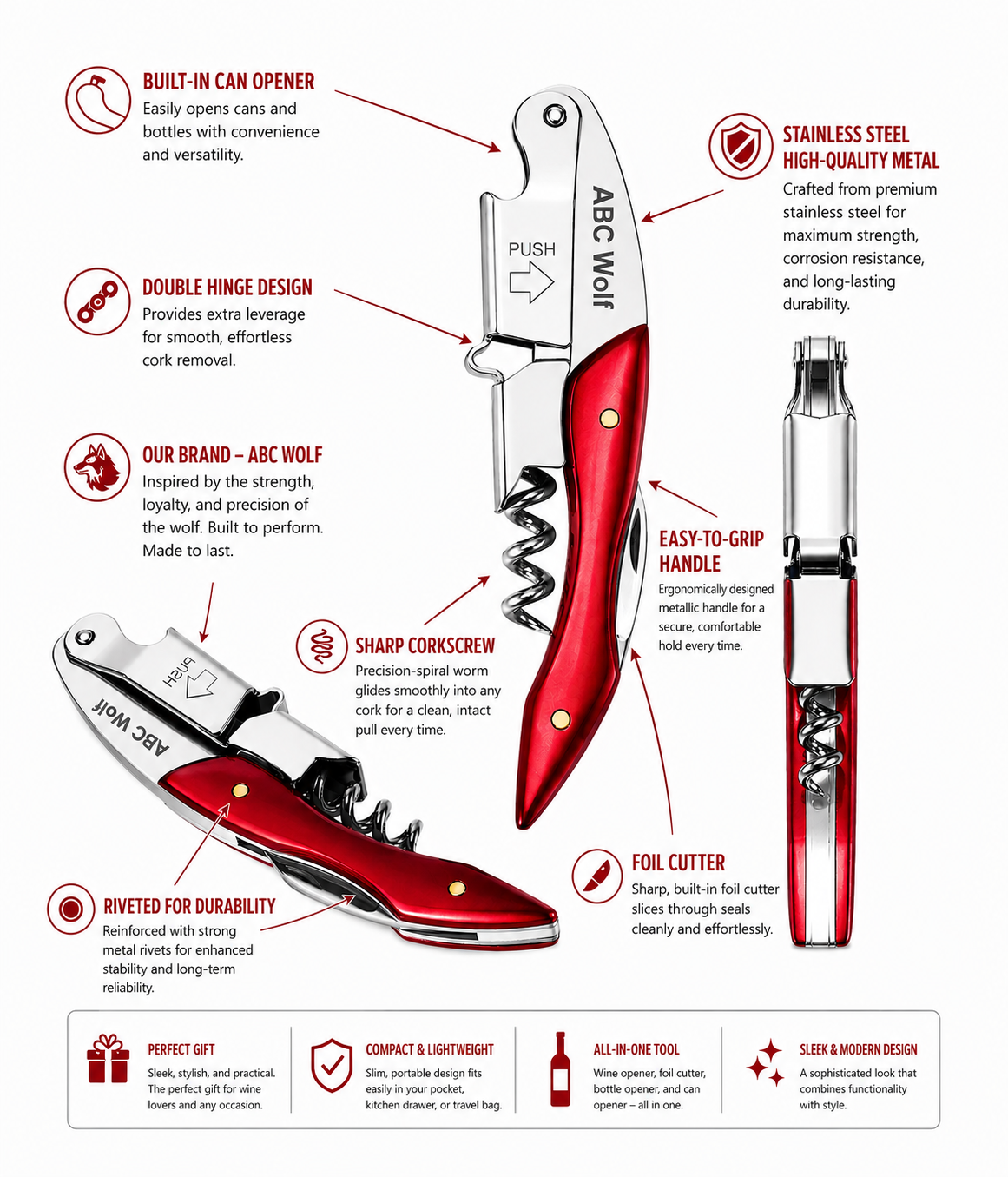ABC Wolf Professional Double Hinge Wine Key – Stainless Steel Corkscrew Designed by a Sommelier, Riveted Build, Sharp Foil Cutter (Metal Red)