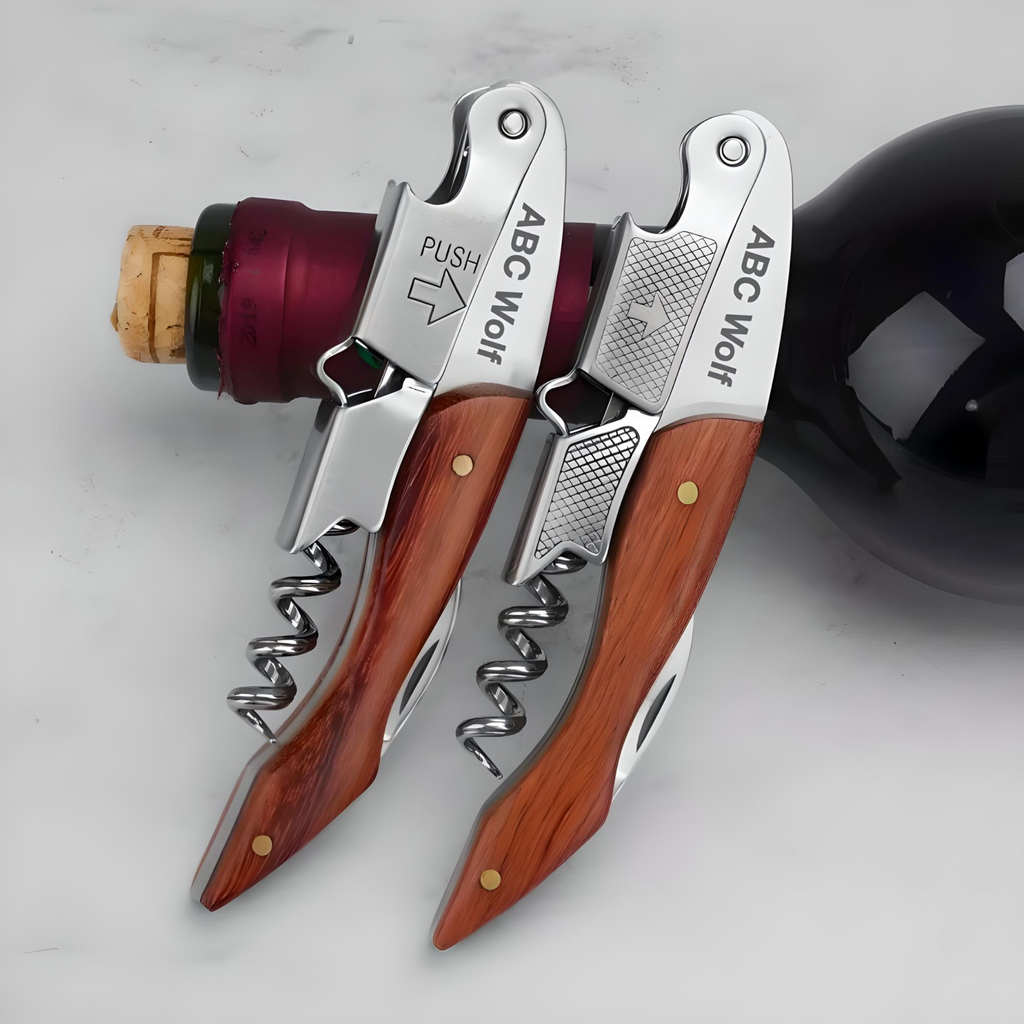 ABC Wolf Professional Double Hinge Wine Key – Stainless Steel Corkscrew Designed by a Sommelier, Riveted Build, Sharp Foil Cutter (Wood Brown)